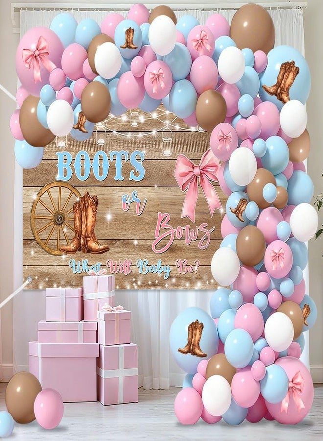 ميهوفوند زينة الكشف عن جنس المولود من MEHOFOND على شكل أحذية أو فيونكات، 116 قطعة من مجموعة أقواس البالونات باللون الوردي أو الأزرق، مفرش طاولة بخلفية خشبية ريفية لحفل الكشف عن جنس المولود على طريقة رعاة البقر الغربية - Image 5