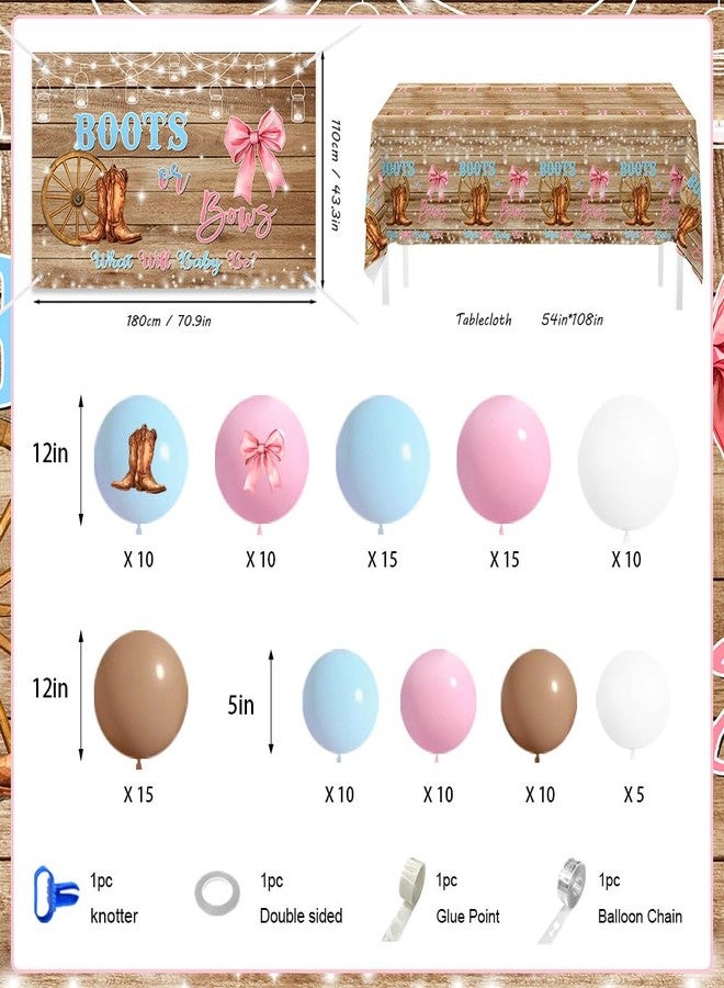 ميهوفوند زينة الكشف عن جنس المولود من MEHOFOND على شكل أحذية أو فيونكات، 116 قطعة من مجموعة أقواس البالونات باللون الوردي أو الأزرق، مفرش طاولة بخلفية خشبية ريفية لحفل الكشف عن جنس المولود على طريقة رعاة البقر الغربية - Image 2