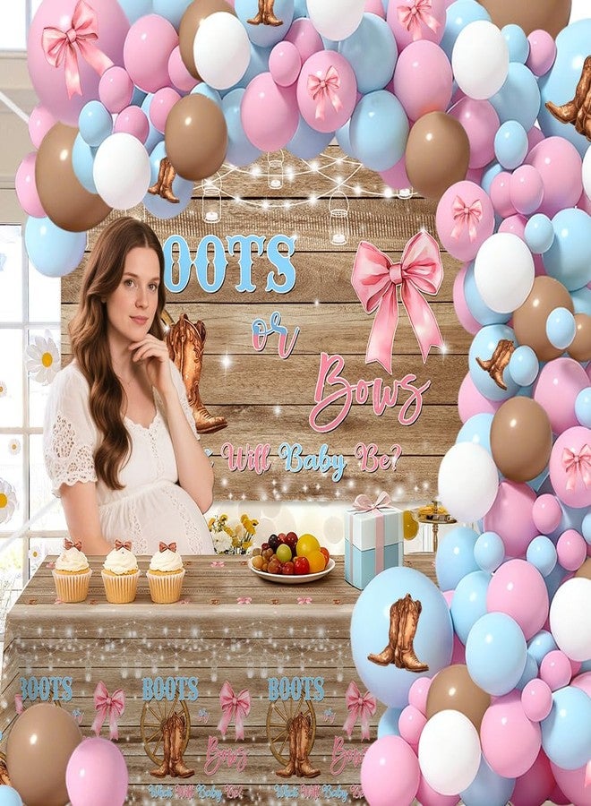 ميهوفوند زينة الكشف عن جنس المولود من MEHOFOND على شكل أحذية أو فيونكات، 116 قطعة من مجموعة أقواس البالونات باللون الوردي أو الأزرق، مفرش طاولة بخلفية خشبية ريفية لحفل الكشف عن جنس المولود على طريقة رعاة البقر الغربية - Image 4