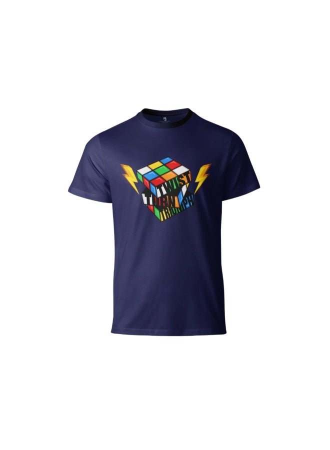 Cubuzzle Twist Turn Triumph Graphic Print T-Shirt Blue M - Short Sleeve Cotton Casual Crewneck Tee For Unisex