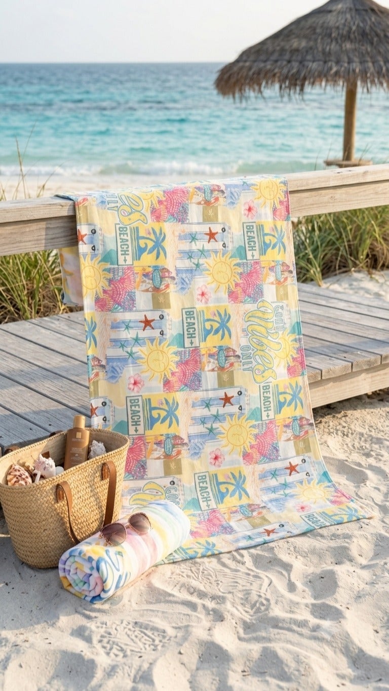 GOOD VIBES ONLY Beach Towel – Sea & Sun Print – Yellow – 140 × 70 cm - Image 2