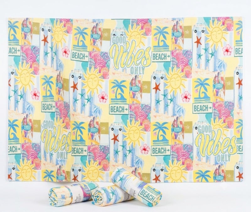 GOOD VIBES ONLY Beach Towel – Sea & Sun Print – Yellow – 140 × 70 cm - Image 1