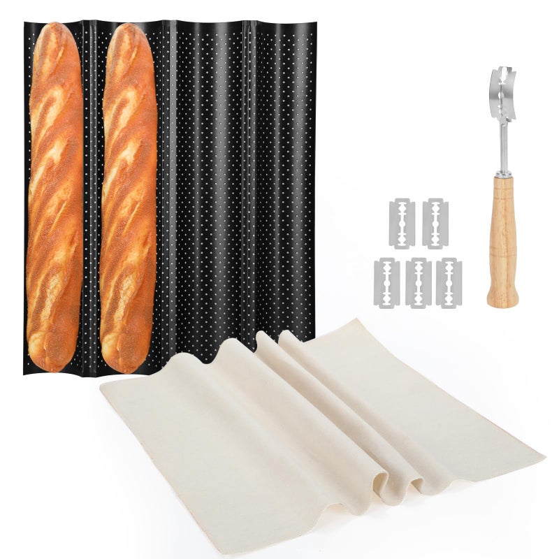 Spmarkt 4-Slot French Baguette Pan Set, Non-Stick French Bread Pan, Baguette Baking Pan with Proofing Cloth, Bread Lame, Home Baking Tools Kit for Homemade Bread - Image 1