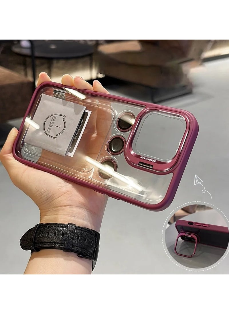 Generic - Luxury Invisible Folding Holder Holder Stand Phone Case For IPhone 15 Pro Case With Lens Film Ring Metal Bracket Soft Bumper Clear Hard Back Cover (Burgundy) - Image 1
