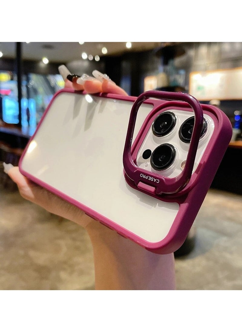 Generic - Luxury Invisible Folding Holder Holder Stand Phone Case For IPhone 15 Pro Case With Lens Film Ring Metal Bracket Soft Bumper Clear Hard Back Cover (Burgundy) - Image 1
