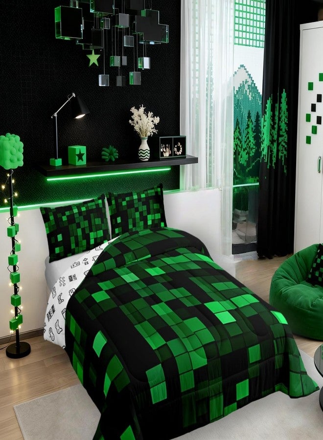 مان فاي طقم لحاف للأطفال بتصميم لعبة "Pixelated Miners" بحجم كامل، طقم مفروشات بتصميم مربعات هندسية لألعاب الفيديو، ديكور غرفة الأولاد، لحاف بنمط مموه لوحدة تحكم الألعاب، طقم لحاف أسود وأخضر لغرفة النوم، غطاءا وسادة - Image 5