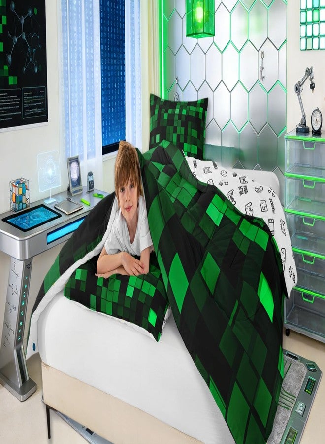 مان فاي طقم لحاف للأطفال بتصميم لعبة "Pixelated Miners" بحجم كامل، طقم مفروشات بتصميم مربعات هندسية لألعاب الفيديو، ديكور غرفة الأولاد، لحاف بنمط مموه لوحدة تحكم الألعاب، طقم لحاف أسود وأخضر لغرفة النوم، غطاءا وسادة - Image 4
