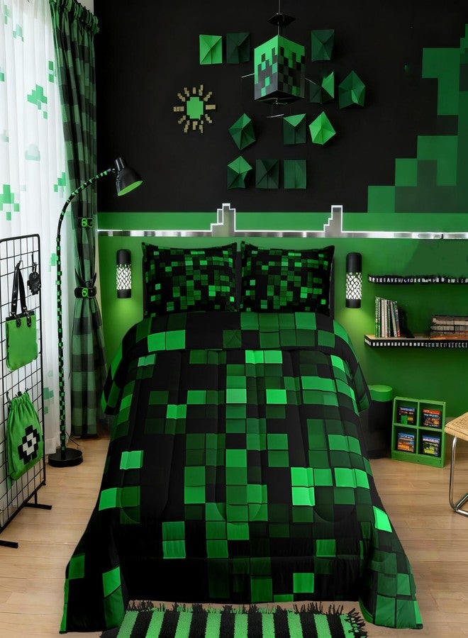 مان فاي طقم لحاف للأطفال بتصميم لعبة "Pixelated Miners" بحجم كامل، طقم مفروشات بتصميم مربعات هندسية لألعاب الفيديو، ديكور غرفة الأولاد، لحاف بنمط مموه لوحدة تحكم الألعاب، طقم لحاف أسود وأخضر لغرفة النوم، غطاءا وسادة - Image 3