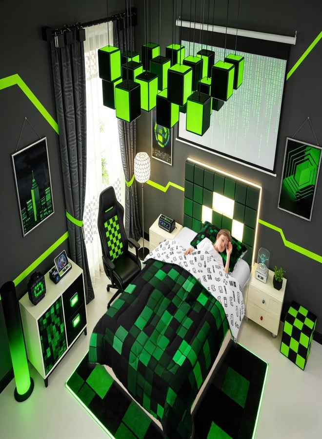 مان فاي طقم لحاف للأطفال بتصميم لعبة "Pixelated Miners" بحجم كامل، طقم مفروشات بتصميم مربعات هندسية لألعاب الفيديو، ديكور غرفة الأولاد، لحاف بنمط مموه لوحدة تحكم الألعاب، طقم لحاف أسود وأخضر لغرفة النوم، غطاءا وسادة - Image 2
