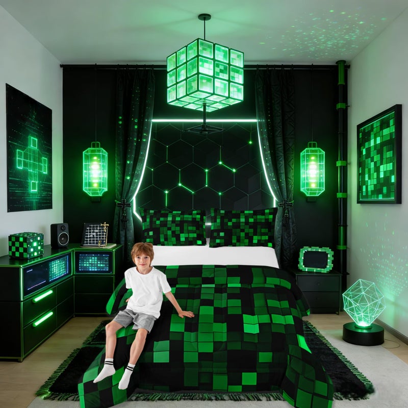 مان فاي طقم لحاف للأطفال بتصميم لعبة "Pixelated Miners" بحجم كامل، طقم مفروشات بتصميم مربعات هندسية لألعاب الفيديو، ديكور غرفة الأولاد، لحاف بنمط مموه لوحدة تحكم الألعاب، طقم لحاف أسود وأخضر لغرفة النوم، غطاءا وسادة - Image 1