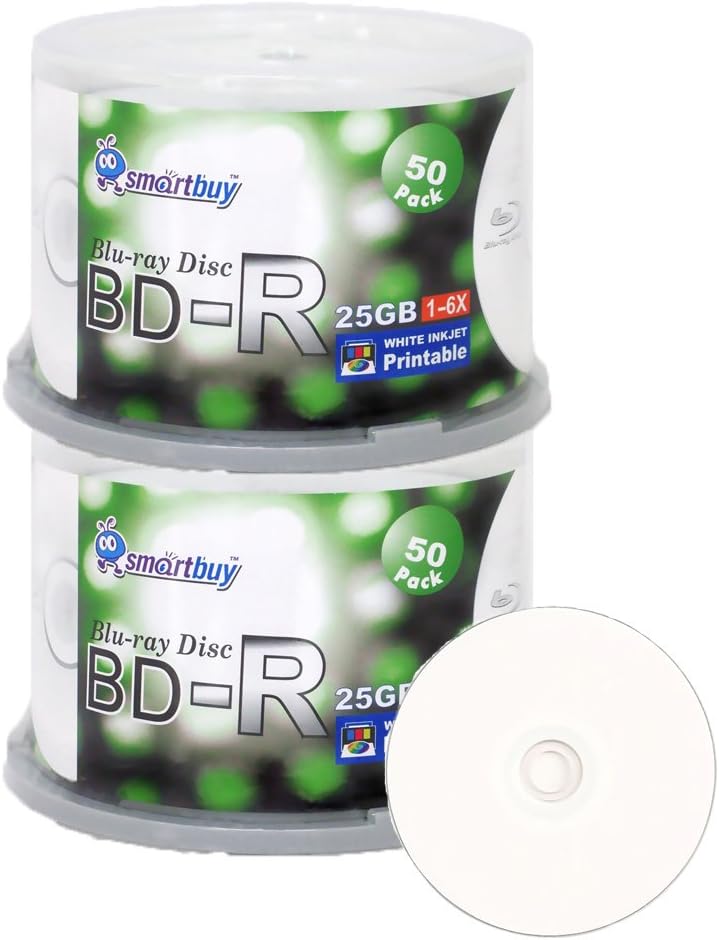 Smartbuy 100 Pack Bd-r 25gb 6X Blu-ray Single Layer Recordable Disc Printable White Inkjet Blank Data Video Media 100 Disc Spindle - Image 1