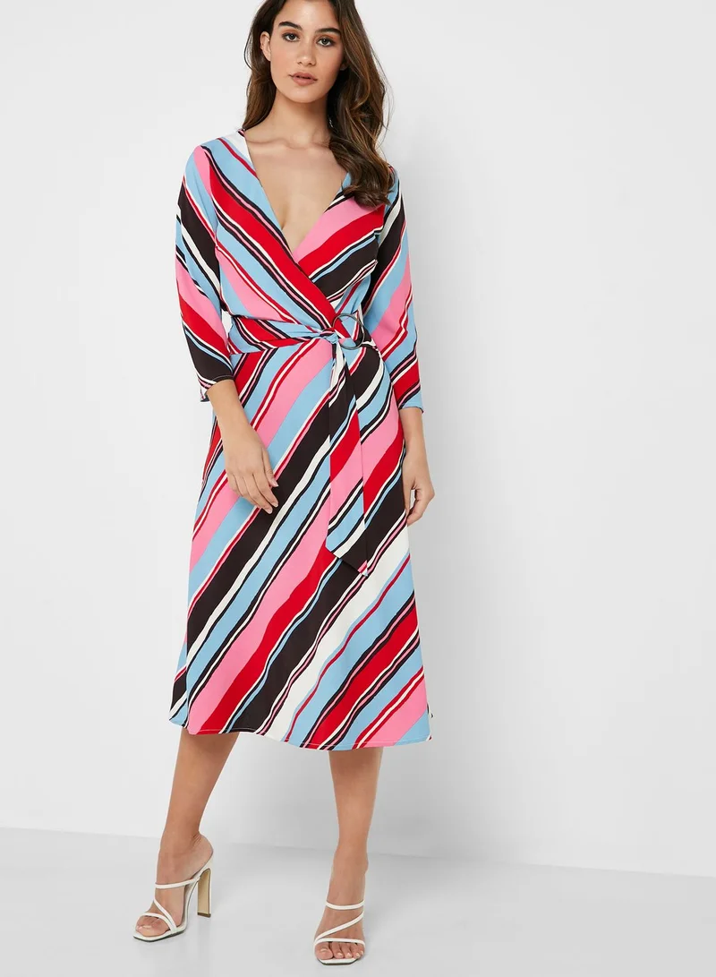 ELLA Striped Wrap Front Midi Dress