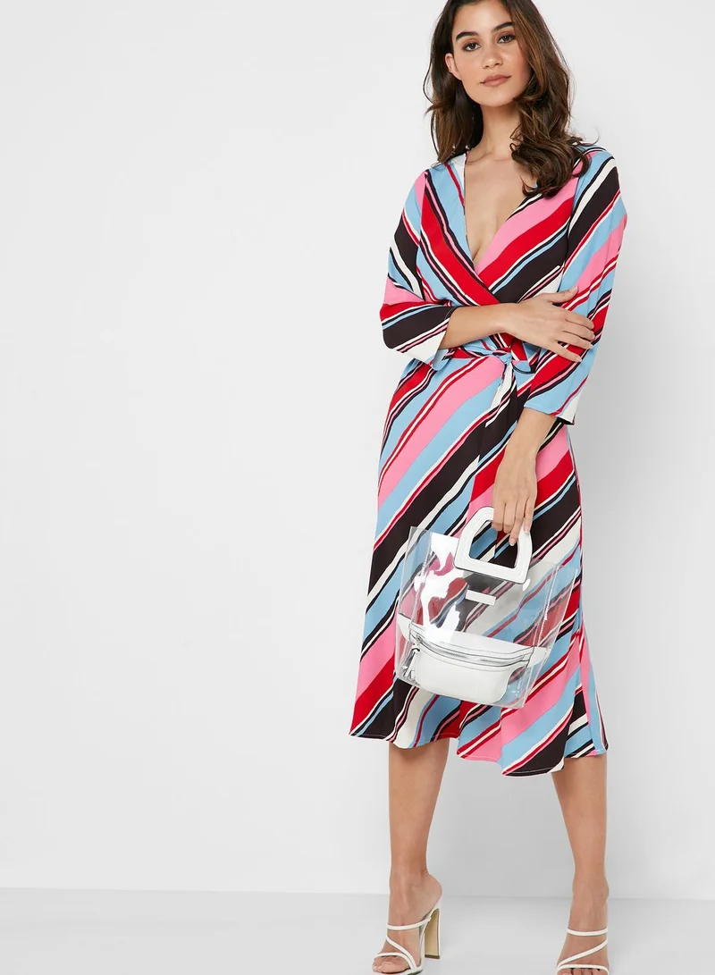 ELLA Striped Wrap Front Midi Dress