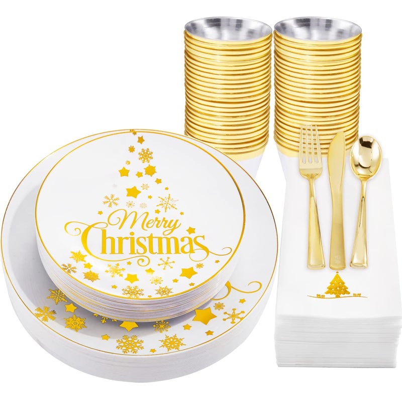 Hioasis 175pcs HChristmas Plastic Plates Elegant Disposable Dinnerware Set Suitable for 25 Guests Include 1025 Dinner 75 Dessert Plates KnivesForksSpoons CupsNapkins for Christmas