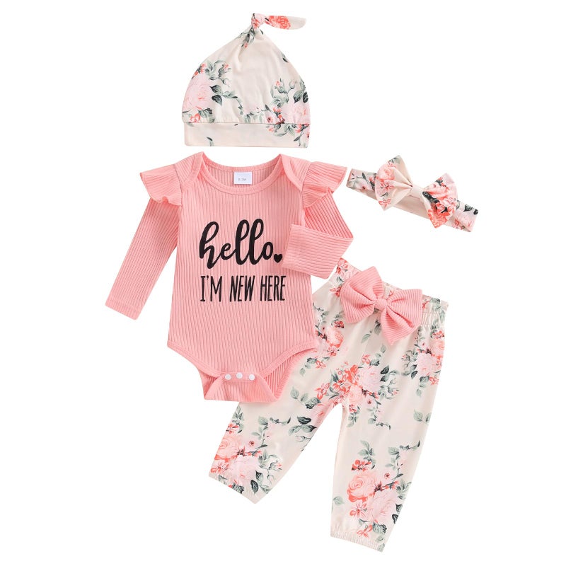 wybzd Im New Here Newborn Outfit Girl Boy Coming Home Clothes Ribbed Long Sleeve Romper Top Floral Pants Set 4pcs (A Pink New Here, Newborn) - Image 1