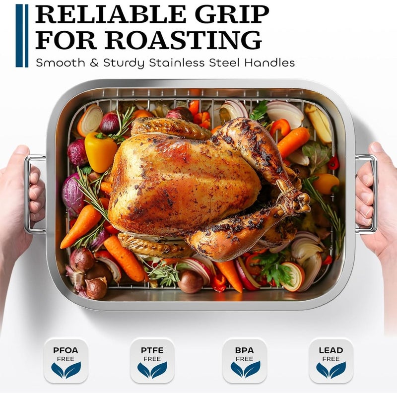 Stainless Steel Roasting Pan with Baking Rack, Oven and Dishwasher Safe, Silver, Deep Large Grill Pan for Lasagna and Roasting - Image 3