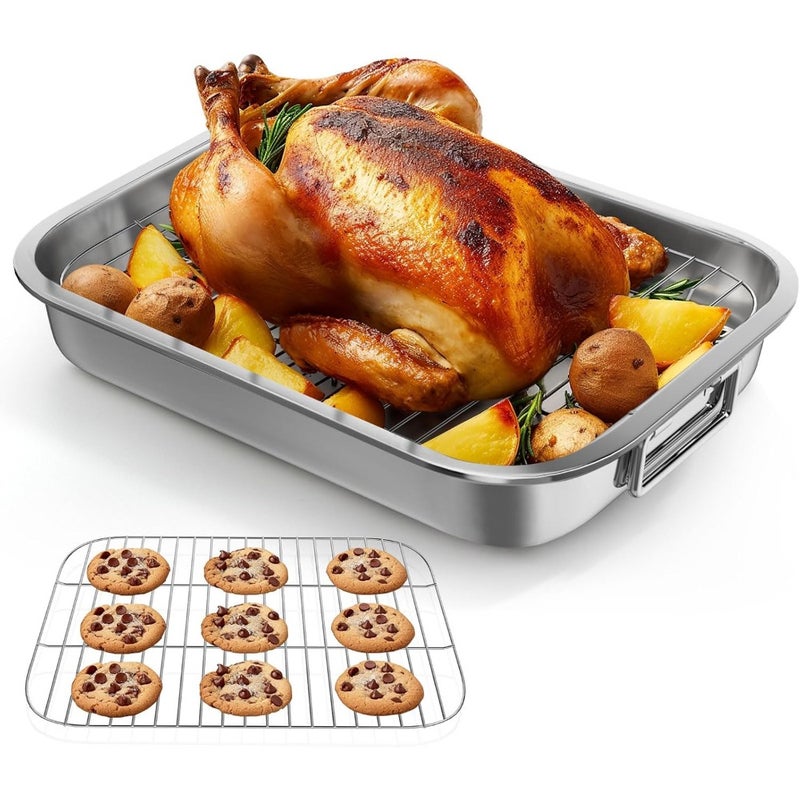 Stainless Steel Roasting Pan with Baking Rack, Oven and Dishwasher Safe, Silver, Deep Large Grill Pan for Lasagna and Roasting - Image 1