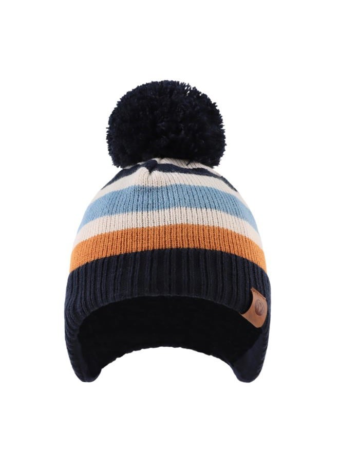 JANGANNSA Knit Striped Baby Hat Scarf Set Winter Warm Boys Girls Beanie Fleece Lining Toddler Kids Hat with Pompom (Navy Striped(Hat+Scarf), M), Navy Striped(hat+scarf), 2-4 Years - Image 2