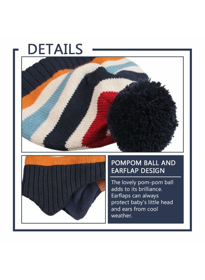 JANGANNSA Knit Striped Baby Hat Scarf Set Winter Warm Boys Girls Beanie Fleece Lining Toddler Kids Hat with Pompom (Navy Striped(Hat+Scarf), M), Navy Striped(hat+scarf), 2-4 Years - Image 3