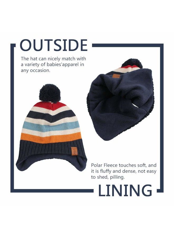 JANGANNSA Knit Striped Baby Hat Scarf Set Winter Warm Boys Girls Beanie Fleece Lining Toddler Kids Hat with Pompom (Navy Striped(Hat+Scarf), M), Navy Striped(hat+scarf), 2-4 Years - Image 4