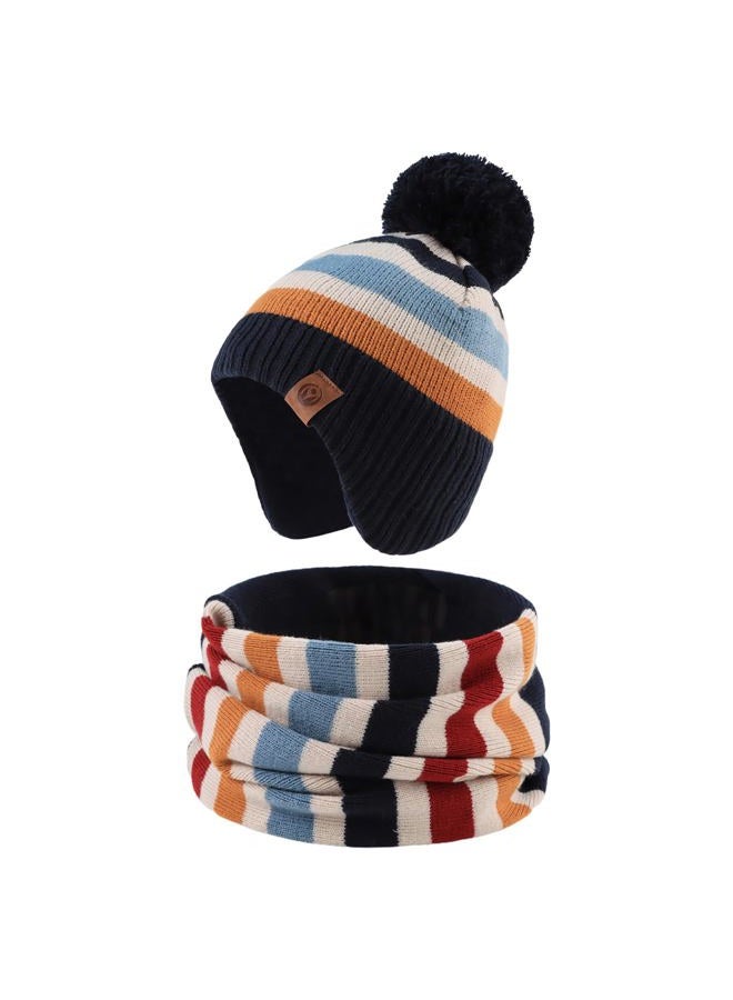 JANGANNSA Knit Striped Baby Hat Scarf Set Winter Warm Boys Girls Beanie Fleece Lining Toddler Kids Hat with Pompom (Navy Striped(Hat+Scarf), M), Navy Striped(hat+scarf), 2-4 Years - Image 1