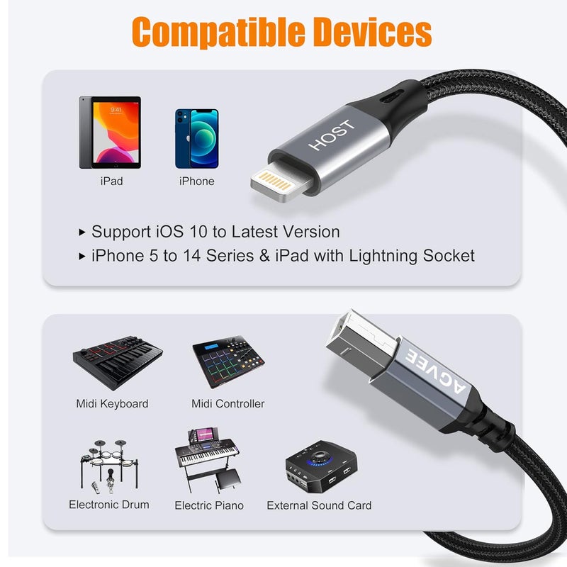 AGVEE 1.5m Lightning OTG MIDI Cable, USB Type-B Cable, Compatible with iPhone iPad iOS for Electronic Musical Instrument, Piano, Midi Controller, Midi Keyboard, Audio Interface Recording, Dark Grey - Image 3