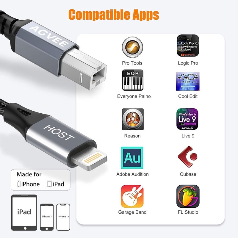 AGVEE 1.5m Lightning OTG MIDI Cable, USB Type-B Cable, Compatible with iPhone iPad iOS for Electronic Musical Instrument, Piano, Midi Controller, Midi Keyboard, Audio Interface Recording, Dark Grey - Image 4