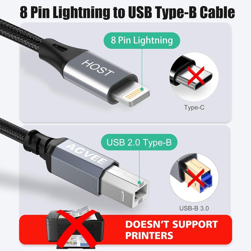 AGVEE 1.5m Lightning OTG MIDI Cable, USB Type-B Cable, Compatible with iPhone iPad iOS for Electronic Musical Instrument, Piano, Midi Controller, Midi Keyboard, Audio Interface Recording, Dark Grey - Image 2