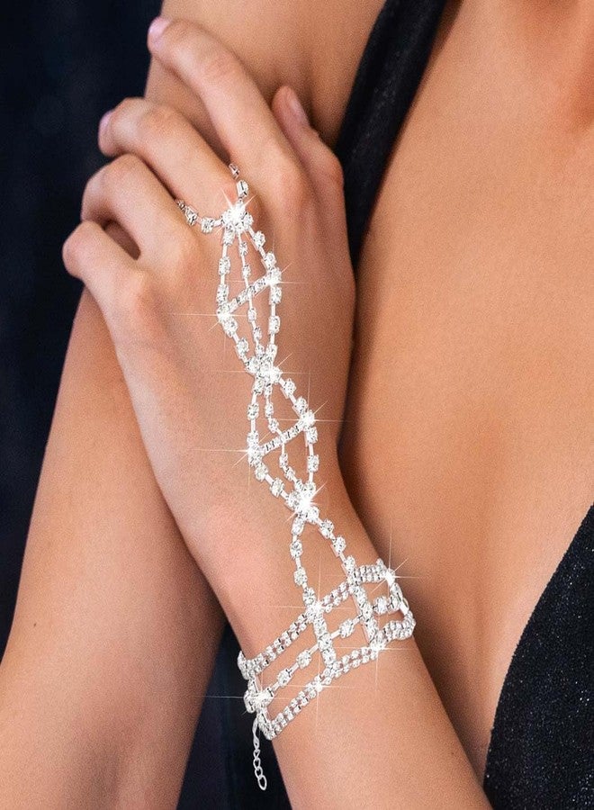 Urieo Rhinestone Ring Bracelet Hand Chain, Silver Crystal Wedding Finger Harness Jewelry for Women - Image 5