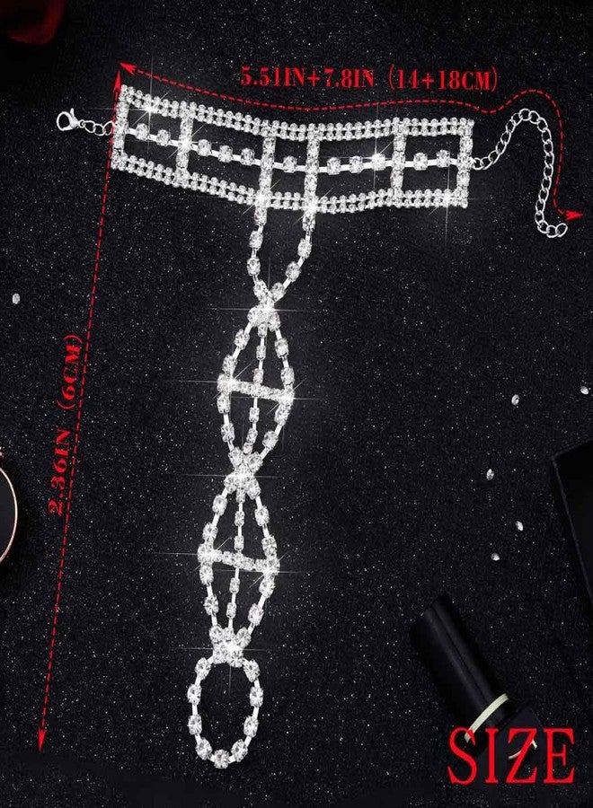 Urieo Rhinestone Ring Bracelet Hand Chain, Silver Crystal Wedding Finger Harness Jewelry for Women - Image 2