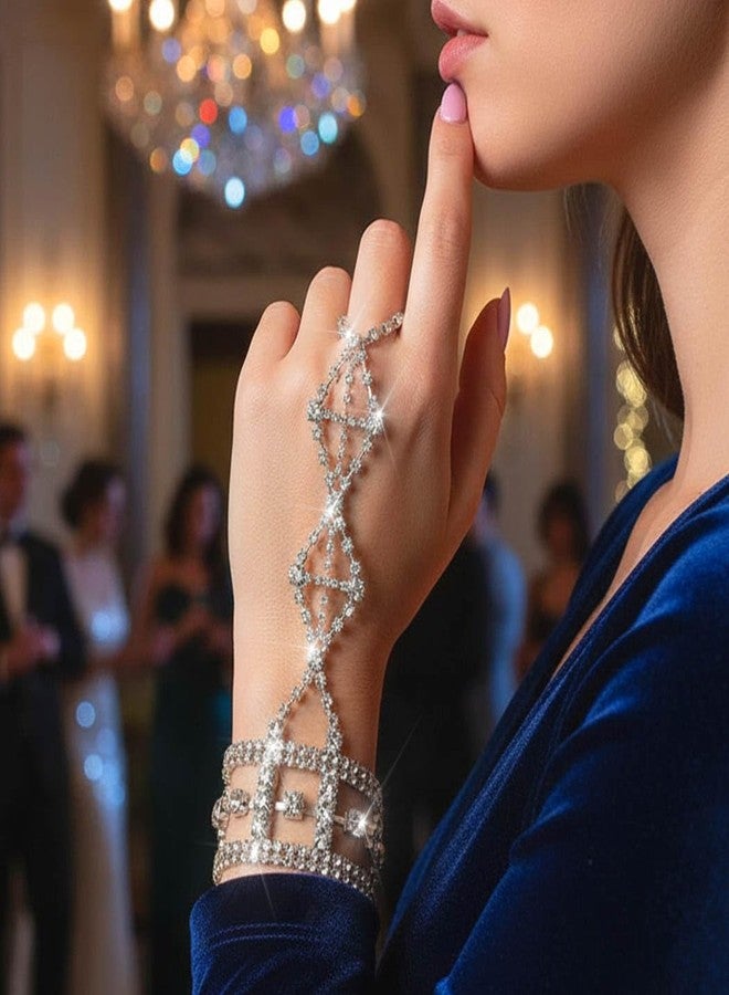 Urieo Rhinestone Ring Bracelet Hand Chain, Silver Crystal Wedding Finger Harness Jewelry for Women - Image 3