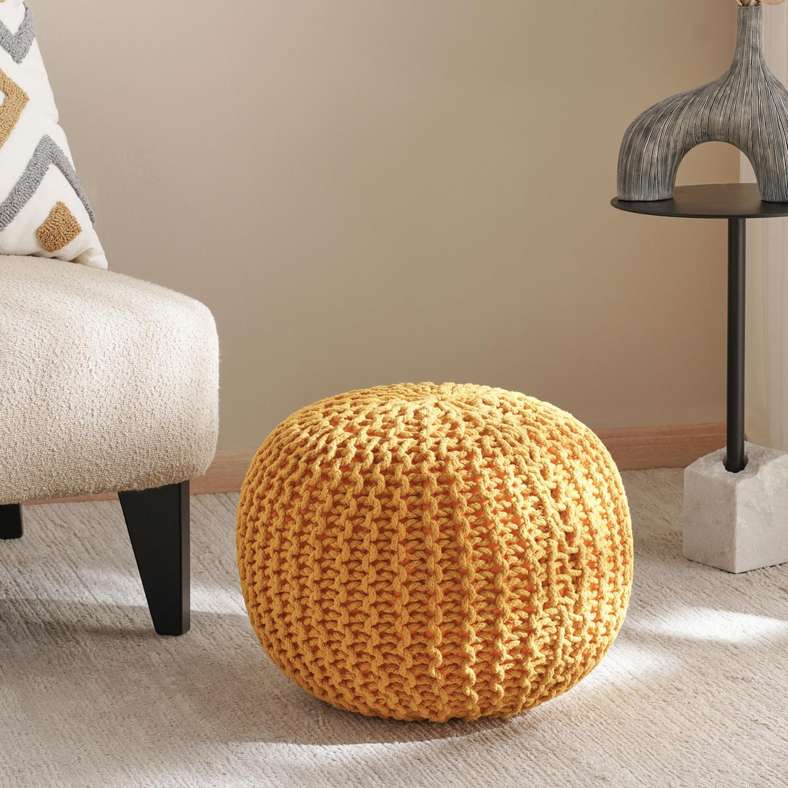 Pan Home Cable Knit Round Pouf in Ochre