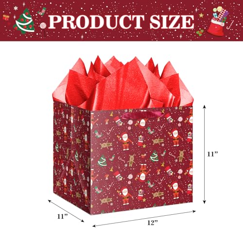 Jaywayang Extra Large Christmas Gift Bag with Tissue Paper, 11.8" Square Red Christmas Santa Claus Design Paper Bags with Handles for Xmas Holiday Presents Wrapping. - Image 2