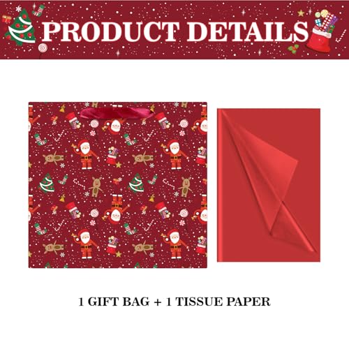 Jaywayang Extra Large Christmas Gift Bag with Tissue Paper, 11.8" Square Red Christmas Santa Claus Design Paper Bags with Handles for Xmas Holiday Presents Wrapping. - Image 3
