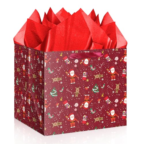 Jaywayang Extra Large Christmas Gift Bag with Tissue Paper, 11.8" Square Red Christmas Santa Claus Design Paper Bags with Handles for Xmas Holiday Presents Wrapping. - Image 1