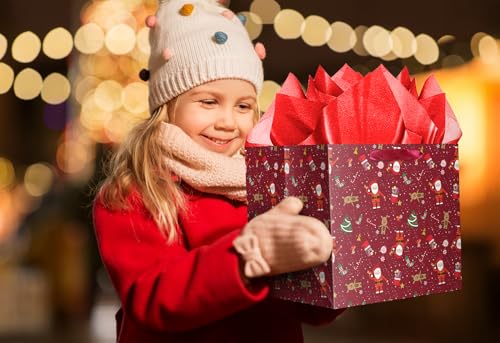 Jaywayang Extra Large Christmas Gift Bag with Tissue Paper, 11.8" Square Red Christmas Santa Claus Design Paper Bags with Handles for Xmas Holiday Presents Wrapping. - Image 4