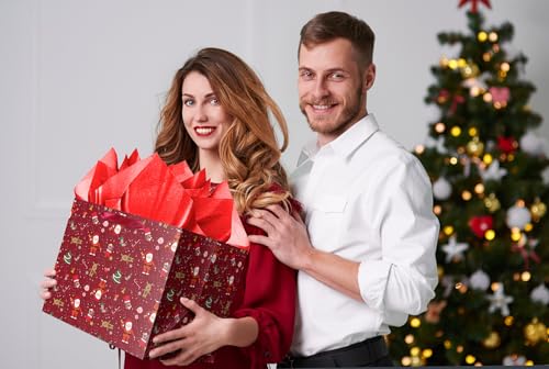 Jaywayang Extra Large Christmas Gift Bag with Tissue Paper, 11.8" Square Red Christmas Santa Claus Design Paper Bags with Handles for Xmas Holiday Presents Wrapping. - Image 5