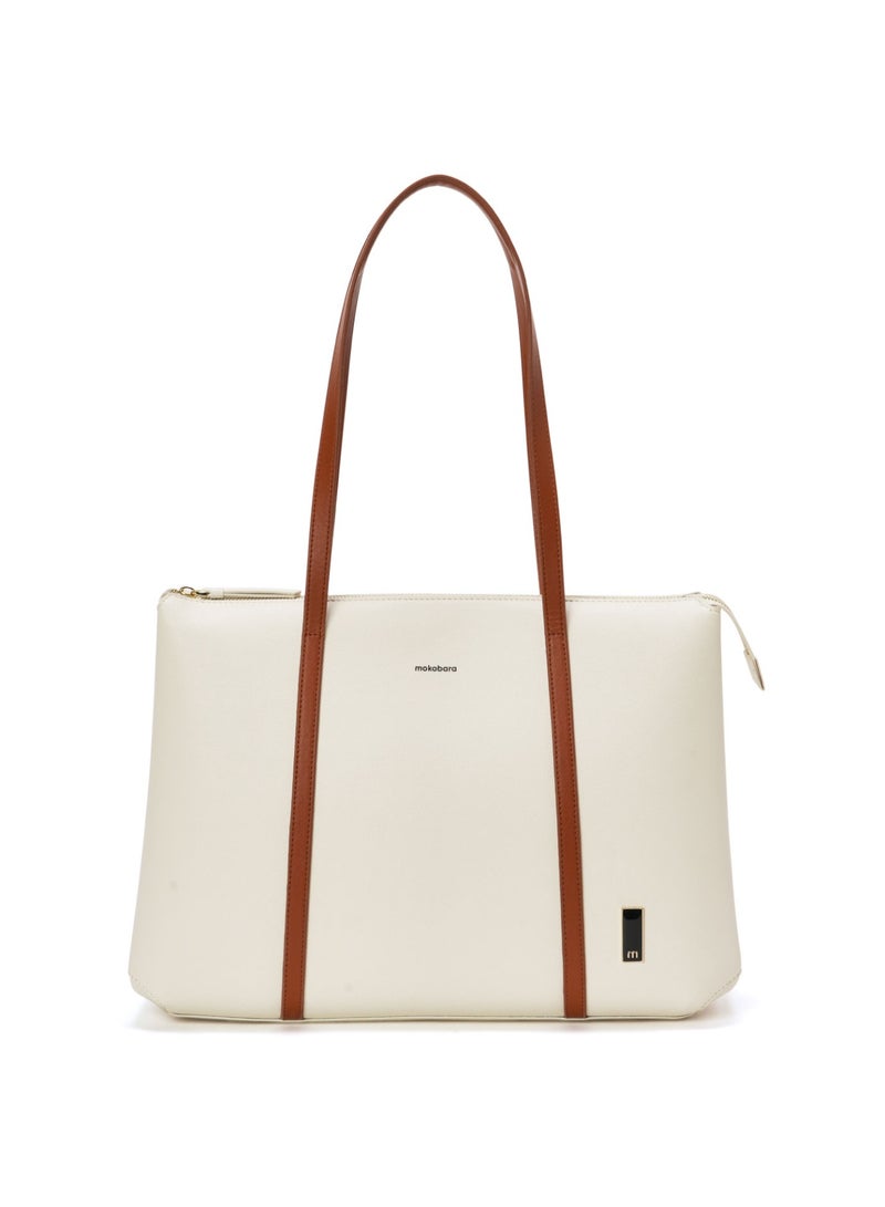 Mokobara The Easy Going Tote | Women Tote Bag For Office Use With Water-Resistant Vegan Leather & Zipper Closure | Multiple Compartments & Luggage Sleeve For Travel & Work | White, Coconut Cream - Image 1