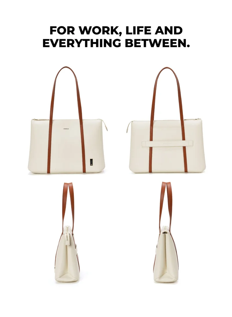 Mokobara The Easy Going Tote | Women Tote Bag For Office Use With Water-Resistant Vegan Leather & Zipper Closure | Multiple Compartments & Luggage Sleeve For Travel & Work | White, Coconut Cream