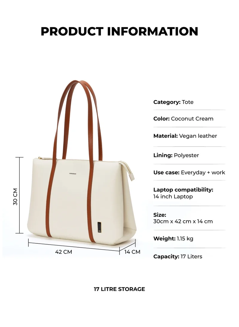 موكوبارا للتجارة ذ.م.م The Easy Going Tote | Women Tote Bag For Office Use With Water-Resistant Vegan Leather & Zipper Closure | Multiple Compartments & Luggage Sleeve For Travel & Work | White, Coconut Cream