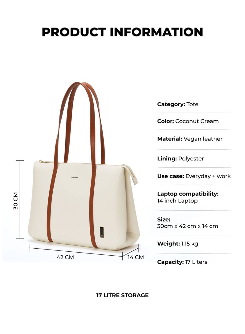 Mokobara The Easy Going Tote | Women Tote Bag For Office Use With Water-Resistant Vegan Leather & Zipper Closure | Multiple Compartments & Luggage Sleeve For Travel & Work | White, Coconut Cream - Image 2