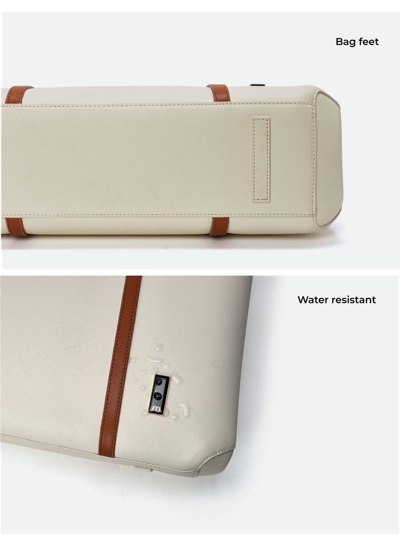 Mokobara The Easy Going Tote | Women Tote Bag For Office Use With Water-Resistant Vegan Leather & Zipper Closure | Multiple Compartments & Luggage Sleeve For Travel & Work | White, Coconut Cream - Image 5