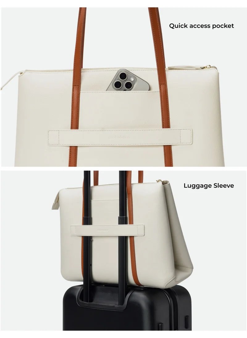 Mokobara The Easy Going Tote | Women Tote Bag For Office Use With Water-Resistant Vegan Leather & Zipper Closure | Multiple Compartments & Luggage Sleeve For Travel & Work | White, Coconut Cream