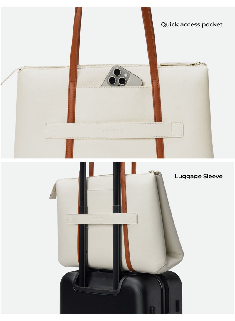 Mokobara The Easy Going Tote | Women Tote Bag For Office Use With Water-Resistant Vegan Leather & Zipper Closure | Multiple Compartments & Luggage Sleeve For Travel & Work | White, Coconut Cream - Image 4