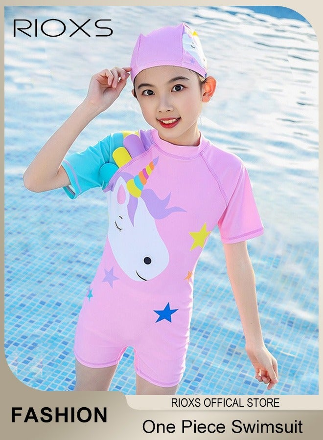 RIOXS Girls Rash Guard One Piece Swimsuit, Quick Drying Swimming Costume with Back Zipper, Comfy Breathable Bathing Suit with Cartoon Patterns, Stretch Sun Protaecion Beach Sport Swimwear Surfing Swimwear for Diving, Swimming or Beach activities - Image 1