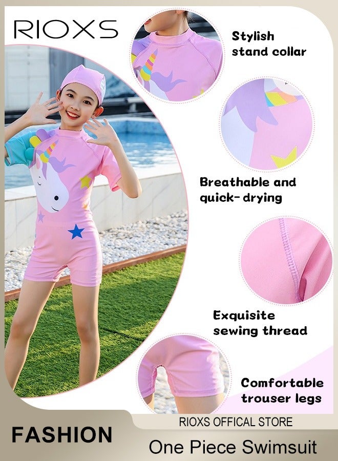 RIOXS Girls Rash Guard One Piece Swimsuit, Quick Drying Swimming Costume with Back Zipper, Comfy Breathable Bathing Suit with Cartoon Patterns, Stretch Sun Protaecion Beach Sport Swimwear Surfing Swimwear for Diving, Swimming or Beach activities - Image 4