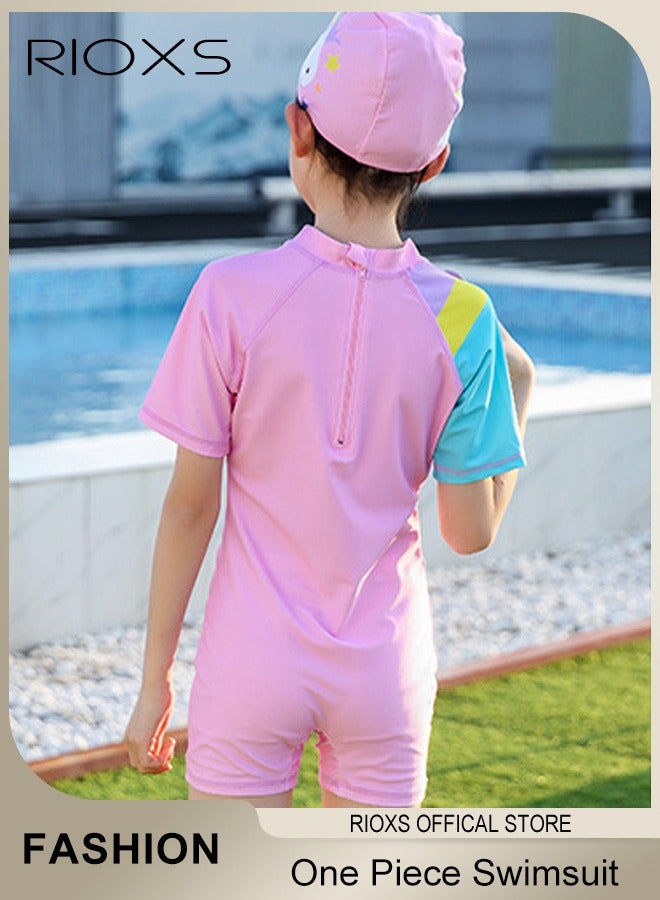 RIOXS Girls Rash Guard One Piece Swimsuit, Quick Drying Swimming Costume with Back Zipper, Comfy Breathable Bathing Suit with Cartoon Patterns, Stretch Sun Protaecion Beach Sport Swimwear Surfing Swimwear for Diving, Swimming or Beach activities - Image 2