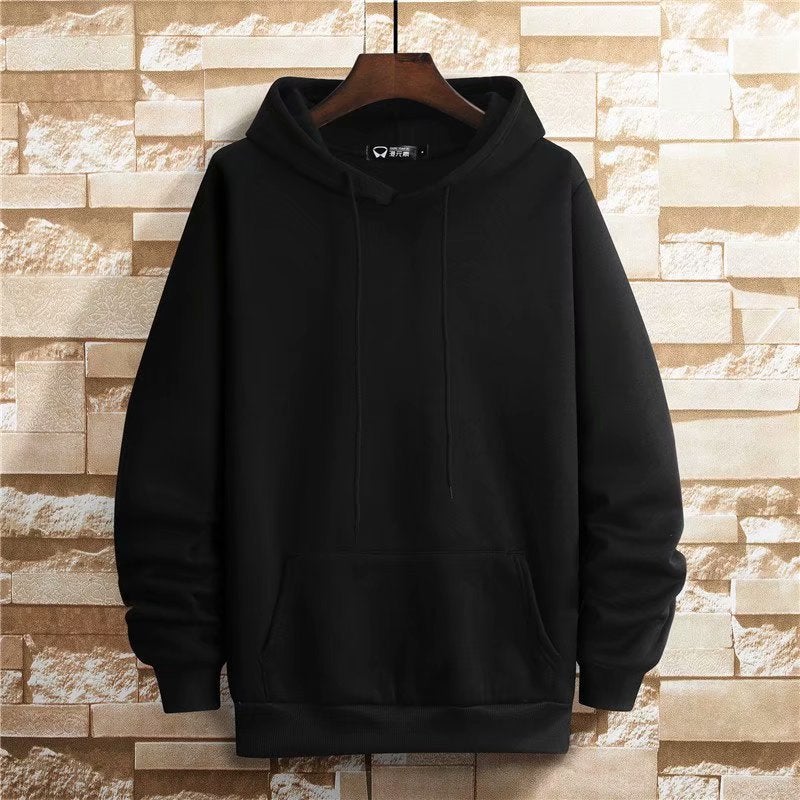 Sweat Mens Hooded Spring and Autumn Ins Student Hong Kong Style Solid Color fleece-lined Thickened Loose plus size Blank Top for Couple Black