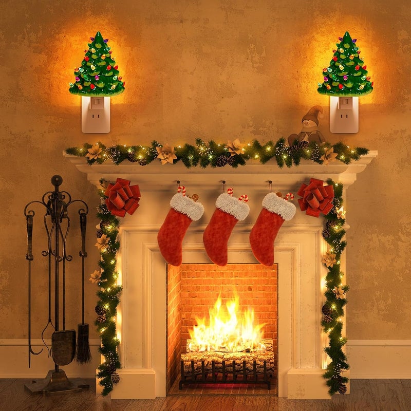 Brightown شجرة عيد الميلاد السيراميكية برايتاون مع ضوء ليلي 2 عبوة 6 شجرة سيراميكية زخرفية مع مفتاح تشغيل/إيقاف ضوء عيد الميلاد الكلاسيكي لغرفة النوم والحمام وغرفة المعيشة والشرفة وزينة العطلات - Image 4