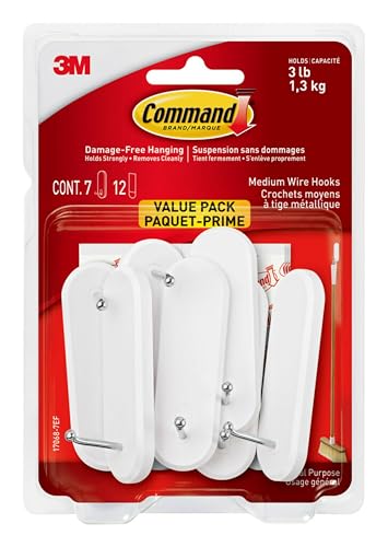 Command Medium Wire Hooks, Damage Free Hanging Wall Hooks with Adhesive Strips, No Tools Wall Hooks for Hanging Decorations in Living Spaces, 7 White Hooks and 12 Command Strips - Image 1